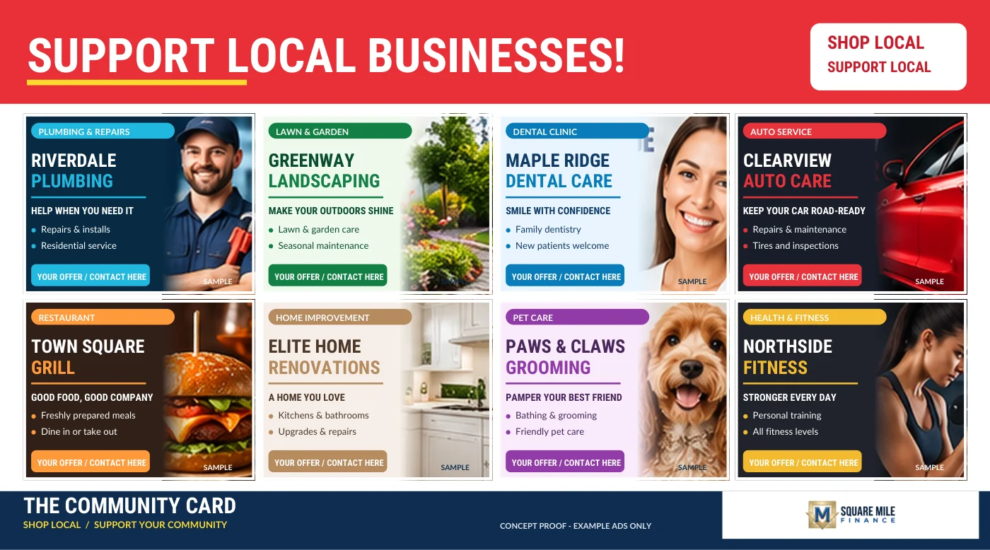 Front-side preview of the actual 6 by 11 inch Community Card sample proof with illustrative local business advertisements