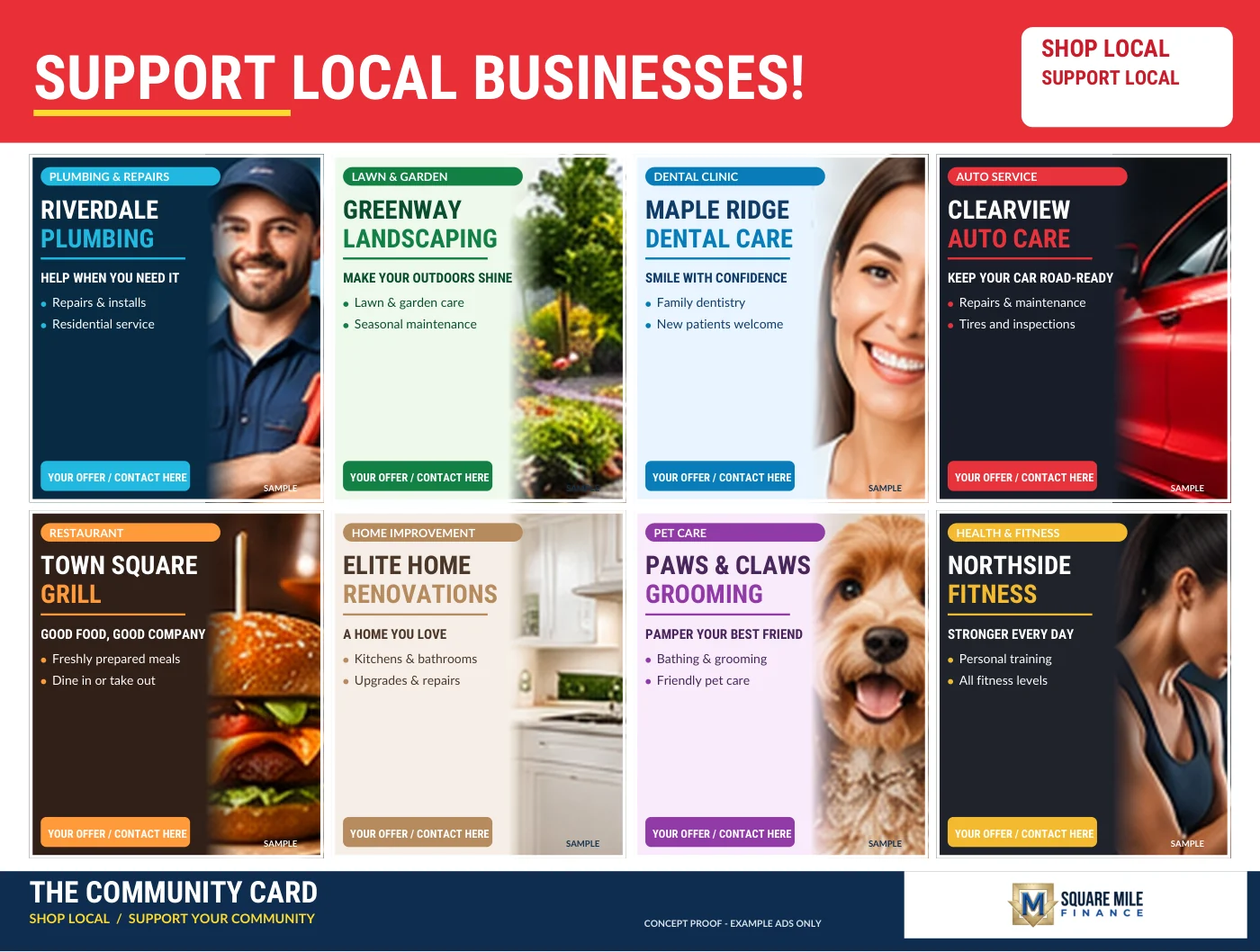 Front-side preview of the actual 9 by 12 inch Community Card sample proof with illustrative local business advertisements